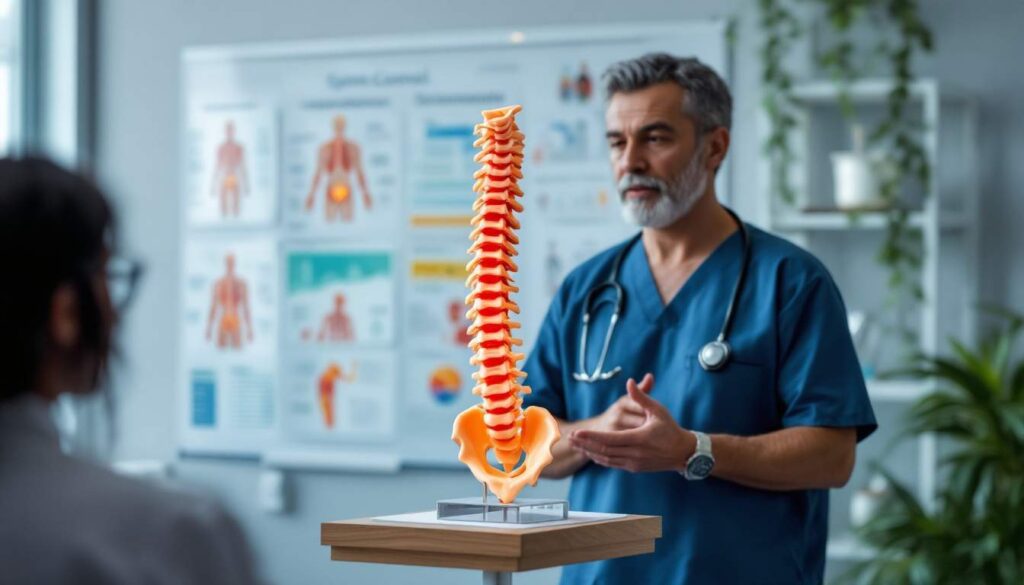 doctor mostrando una columna vertebral