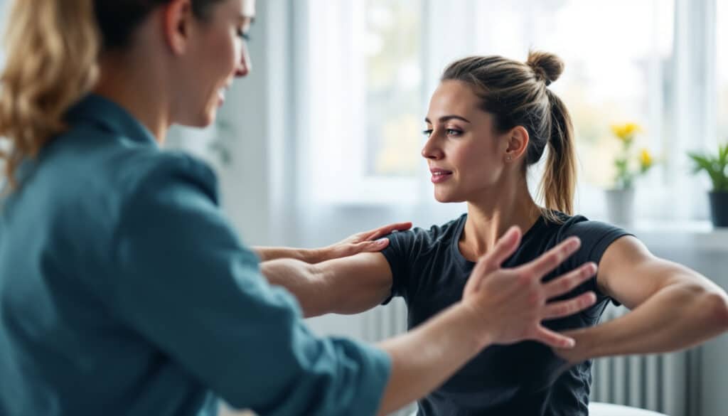 fisioterapeuta guiando ejercicios de rehabilitacion para hombros